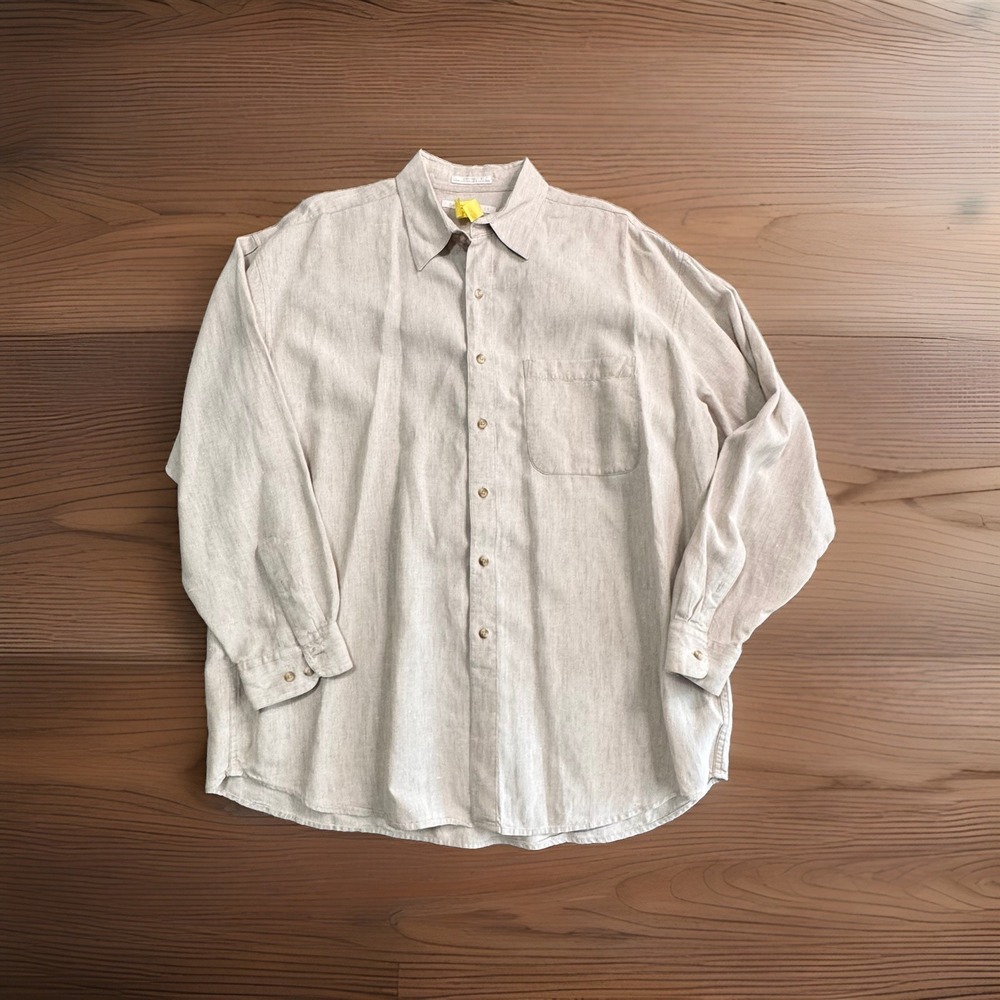 Vintage Perry Ellis 100% Linen Button Up Shirt Beige‎ 90S Y2K Oversized XL/XXL